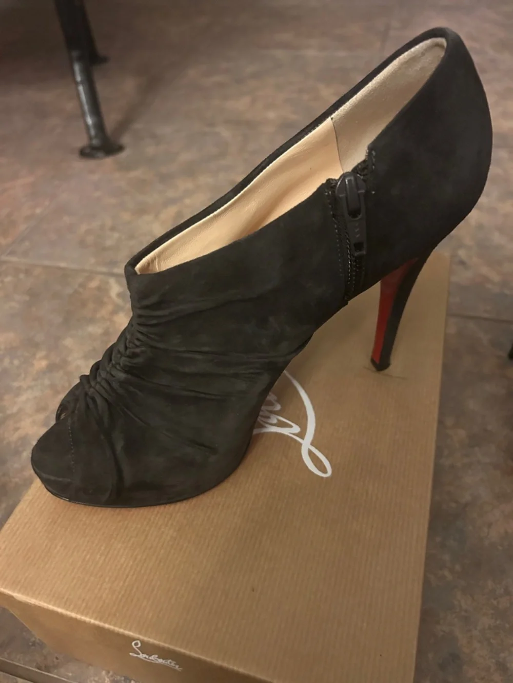 Christian Louboutin Treopli 120 peep-toe platform booties in black ruched suede